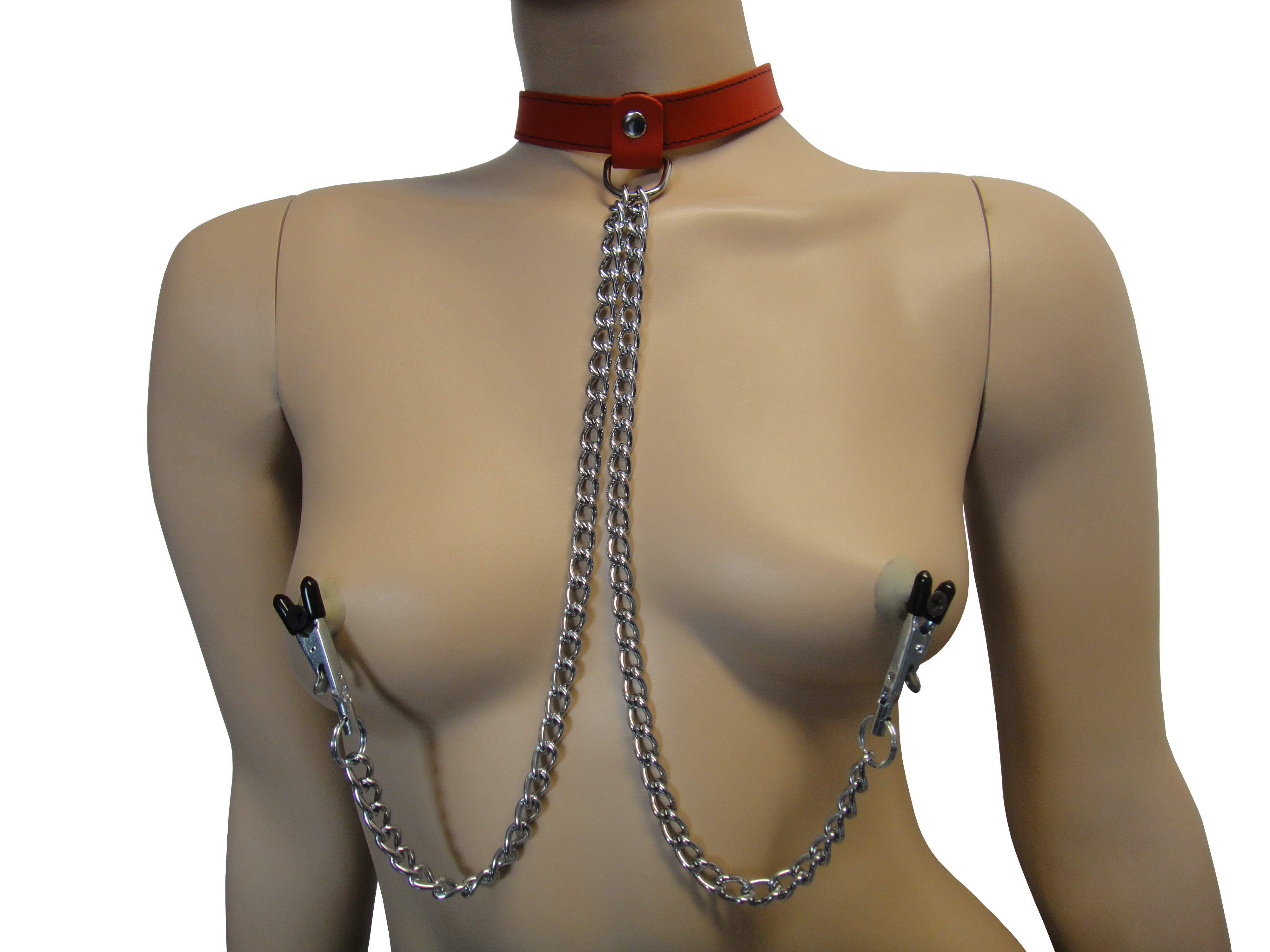 Lederhalsband rot mit Kette und Klammern