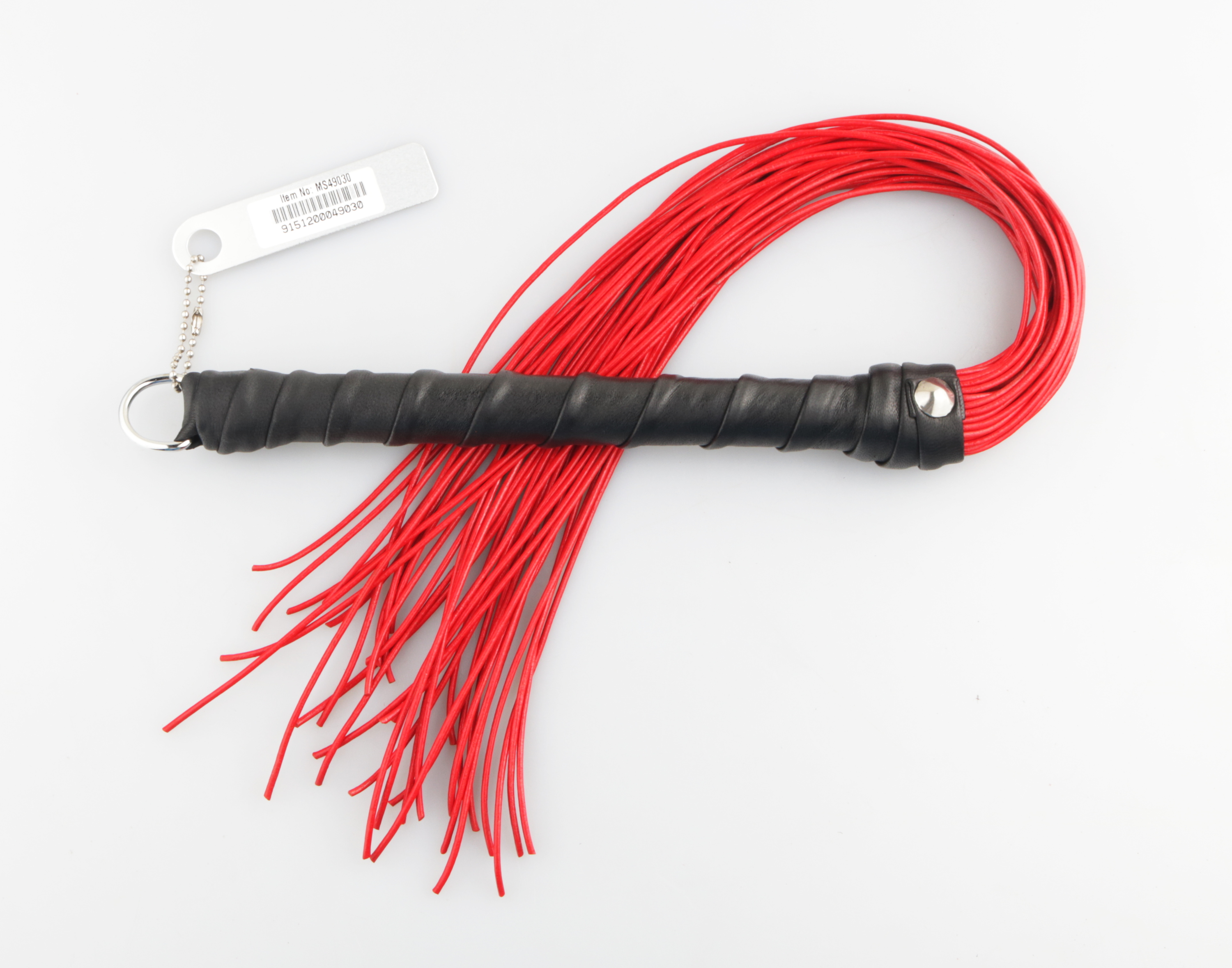 schwarz/roter Rundleder Flogger mit D-Ring für Gürtelaufhängung