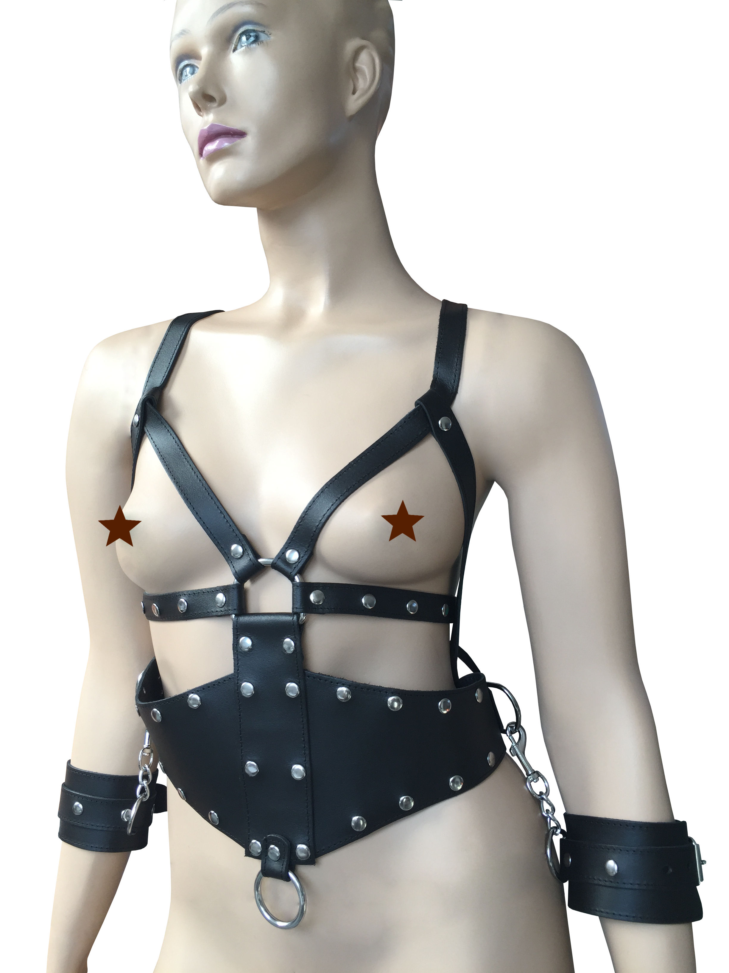 Leder Body Baun oder Schwarz mit abnehmbaren Handfesseln