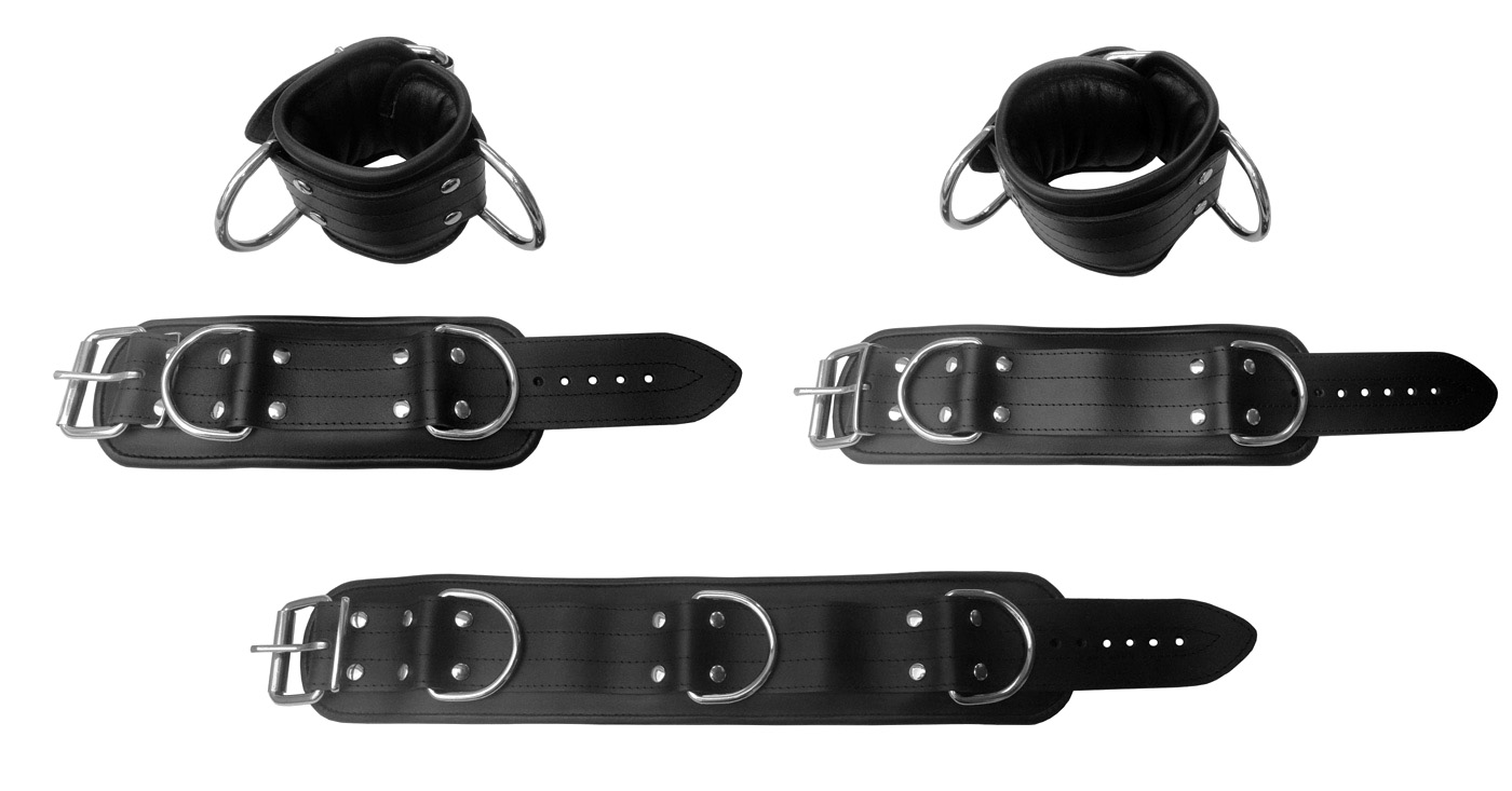 Leder Fesselset schwarz mit großen D-Ringen L-XL