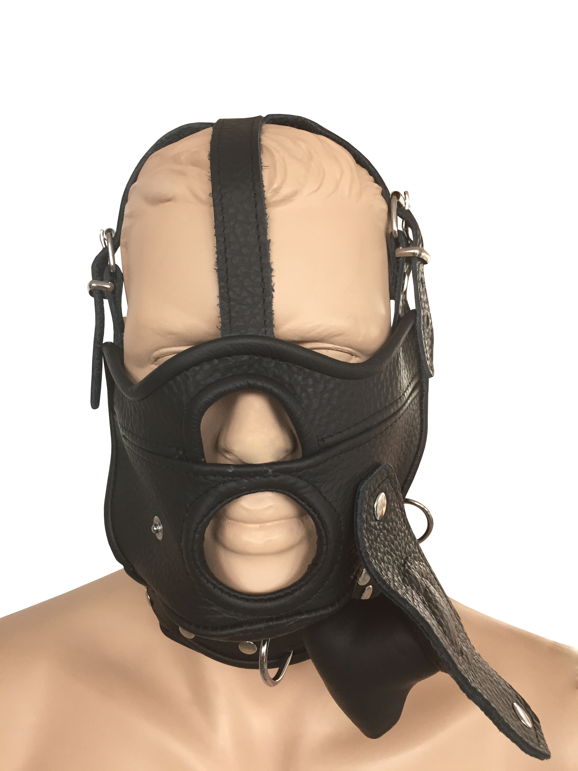 Maske mit Öffnung, abknüpfbarem Mundknebel und integrierter Halsfessel