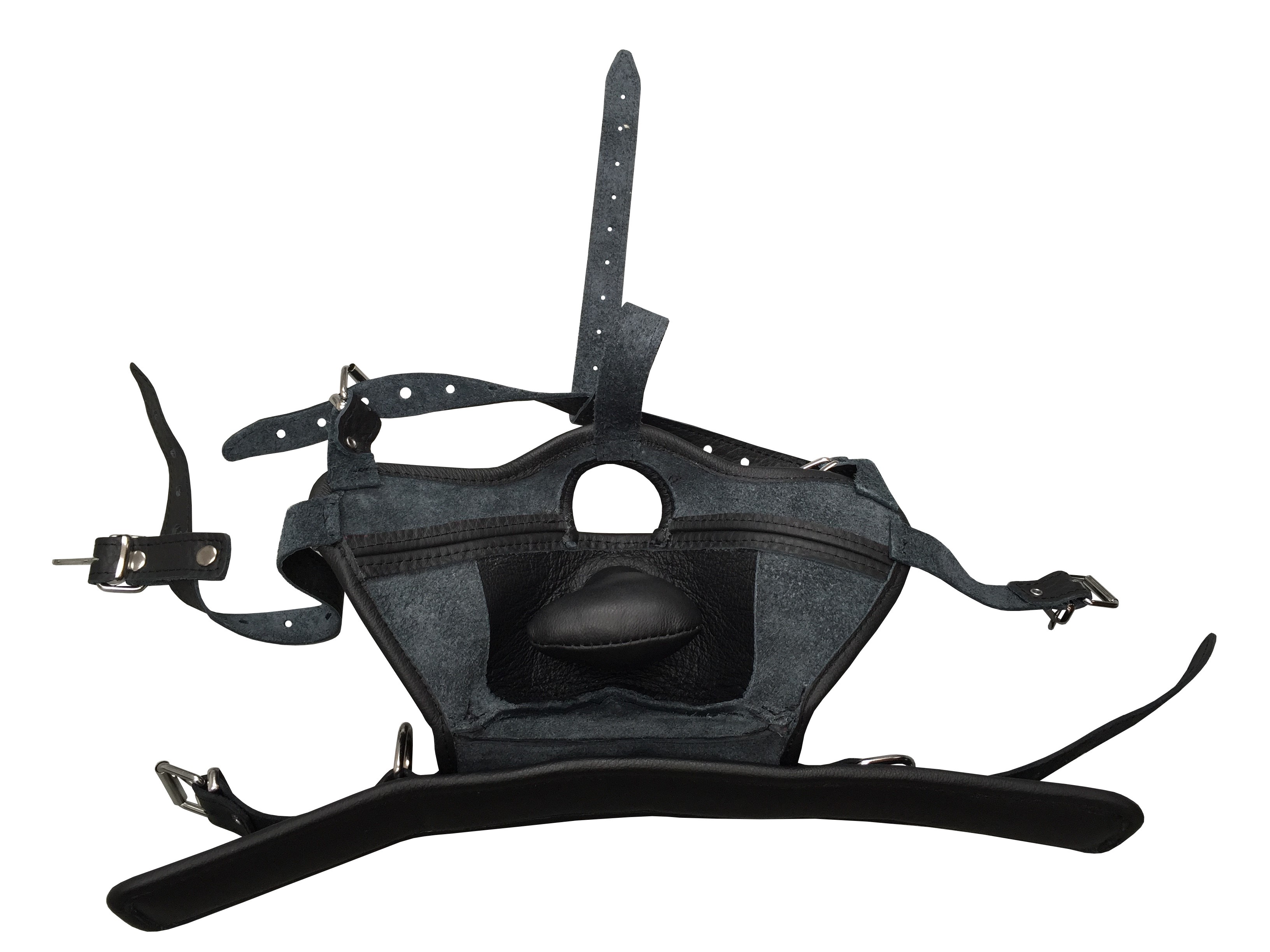 Maske mit Öffnung, abknüpfbarem Mundknebel und integrierter Halsfessel